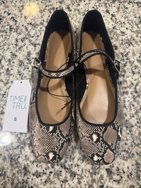 Time and Tru Beige Snake-Print Mary Jane Flats with Ankle Strap